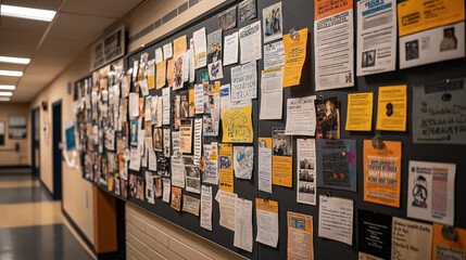 Hallway bulletin board filled with assorted flyers, posters, and notices on gray background in an academic or community center setting.