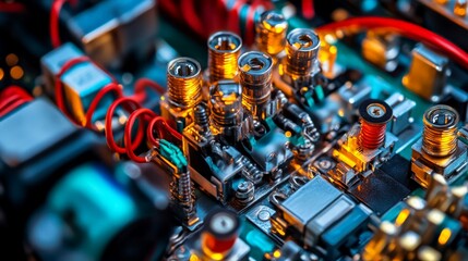 Macro shot of detailed electrical components including circuit breakers, connectors, and colored wiring in an industrial-grade electrical system.
