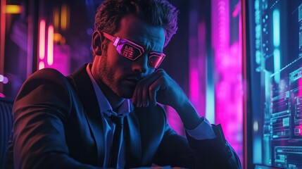 Fototapeta premium Cyberpunk Man in Neon Light