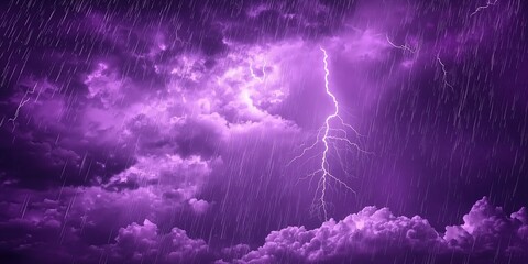 Dramatic thunder lightning stormy purple sky filled with rain