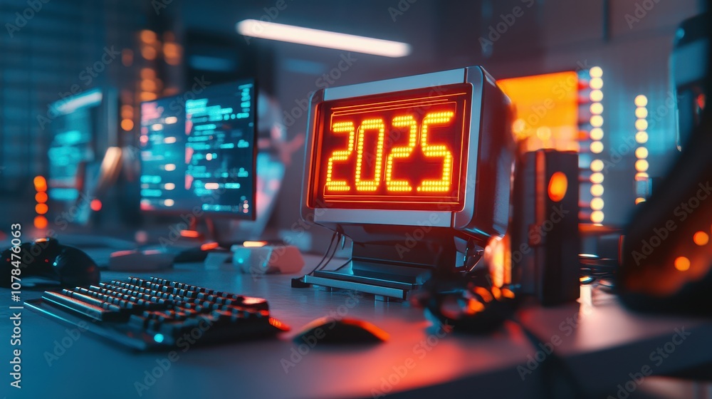 Poster led countdown clock displaying the year 2025 in a modern workspace, featuring bright red digits surr