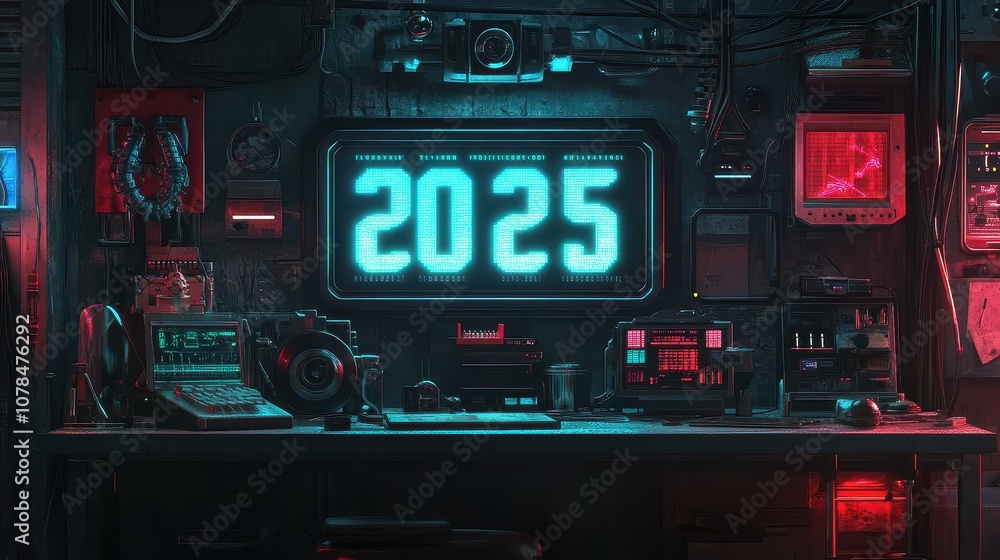 Poster bright led countdown timer displaying year 2025 in a futuristic environment with various electronic 