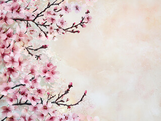 Fototapeta premium Delicate cherry blossom branches with pink flowers on soft, aged paper background, evoking serene and elegant Japanese aesthetic.