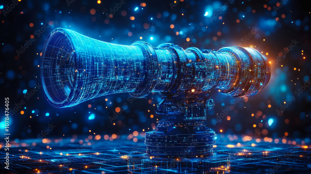 Poster digital blue telescope with data streams in ai astronomical observation concept