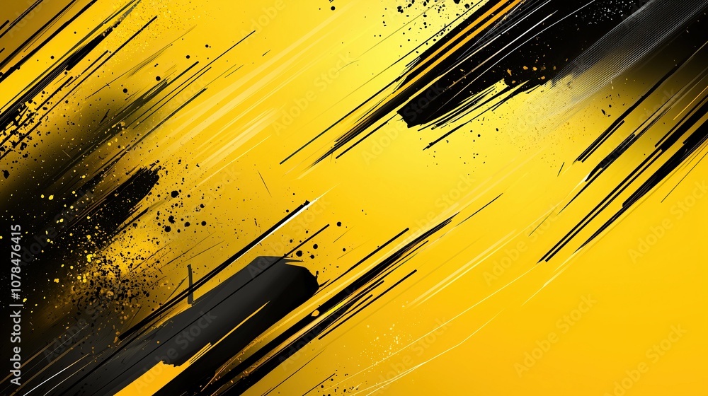 Fototapete Dynamic black and yellow abstract background with sharp brush strokes and splatters