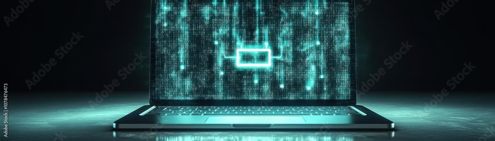 Poster illuminate your data security discover the power of a laptop icon with a glowing data stream in cybe