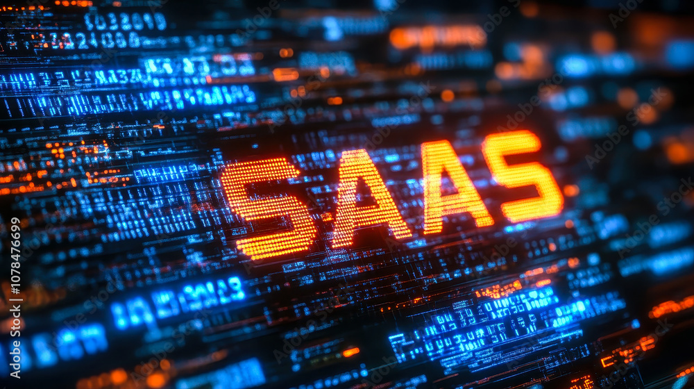Poster digital matrix binary code forming saas acronym representing software as a service concept