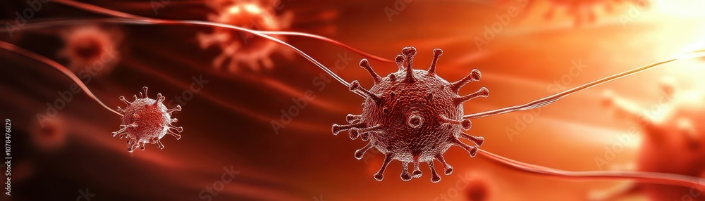 Poster detailed microscopic visualization of cluster of vibrant and complex viruses showcasing intricate st