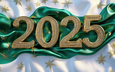 green silk with golden embroidery: 3D text "2025" with luxurious green silk texture and fine gold embroidery, festive light, white background