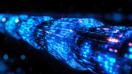 Digital Pipeline with Glowing Blue Matrix Binary Code on Black Background