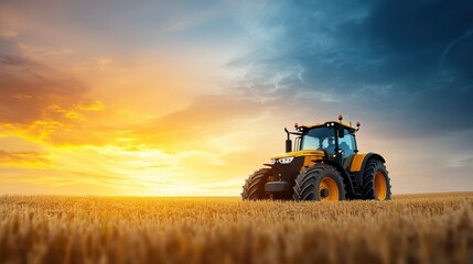 Obraz premium Golden wheat field harvest, tractor working in sunlit agricultural landscape