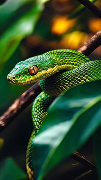 Resting green tree python elegantly perched on a branch