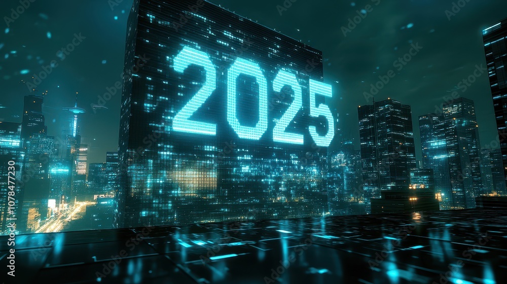 Poster futuristic countdown timer displayed on skyscraper facade in a vibrant cityscape at night, projectin