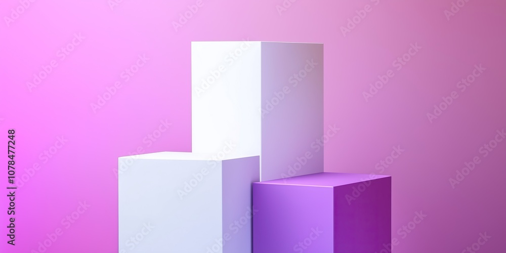Poster geometric abstract composition featuring white and purple cubes on vibrant gradient background