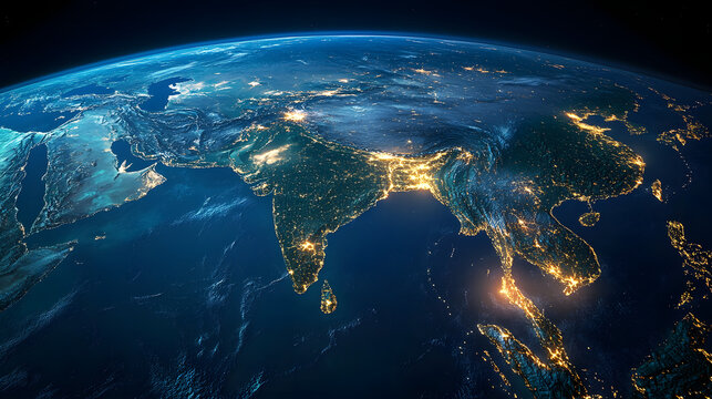 Satellite view of Earth globe from space, city lights by night, Asia map, China India.