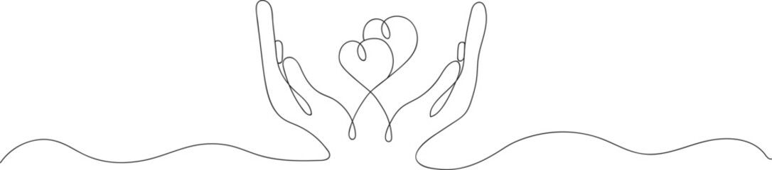 Obraz premium Continuous one line drawing two hand holding heart shapes. Charity donation linear symbol. Line drawing of heart Romantic symbol for greeting card and web banner line art.