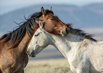 Close-Up of Horse Mating in Natural Habitat, Capturing the Intimacy of Equine Reproduction with Beautifully Balanced Composition Following the Rule of Thirds