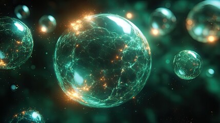 transparent green molecules with different angles 3d rendering