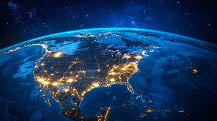 Satellite view of Earth globe from space, city lights by night, North America USA abstract map