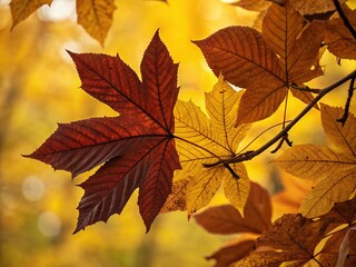 Obraz premium Close-Up of Vibrant Autumn Leaves on a Bright Yellow Background Capturing the Essence of Fall Colors and Nature's Beauty in Documentary Style Photography