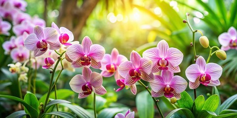 Close-Up of Vibrant Pink and White Orchids Nestled Among Lush Green Foliage, Evoking a Sense of Serenity and Natural Beauty in a Tranquil Environment