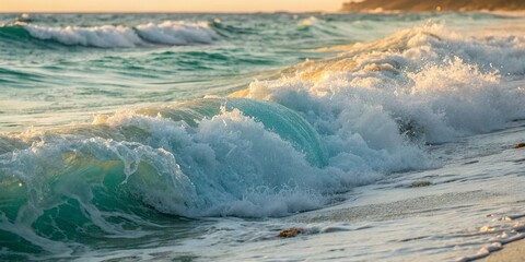 Fototapeta premium Close-up of White Foamy Ocean Waves with Teal and Golden Hues Capturing Nature's Beauty and Serenity in a Coastal Setting with Ample Copy Space for Text and Graphics