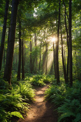 Obraz premium Lush green forest path with sunlight streaming through tall trees