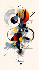 Abstract geometric artwork featuring circles, lines, and splashes of color in red, black, and yellow, creating a modern and artistic composition
