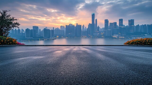 Empty asphalt road leading to a modern cityscape with a cloudy sunrise.