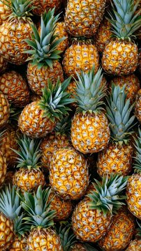 Creating a vibrant wall of ripe pineapples with lush green tops