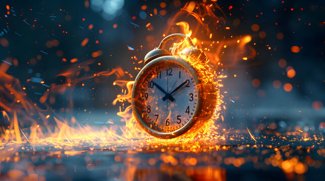 Running after time, alarm clock burning in fire, exploding rush hour, deadline pressure, urgency