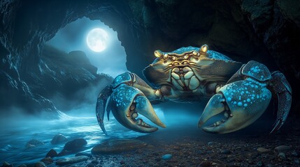 Enchanting seaside cave with moonlit glow and majestic crab at midnight for coastal art and nature themes