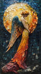 An angel in the night sky in a brightly colored mosaic