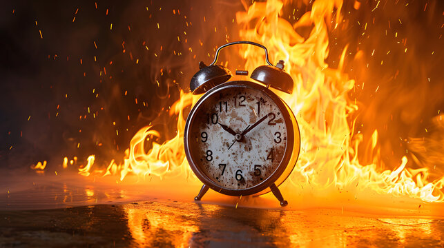 Running after time, alarm clock burning in fire, exploding rush hour, deadline pressure, urgency