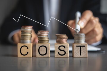 Cost reduction concept. Cost wording on decreasing coins stacking with the down arrow. Businessman working on company cost saving. Cost Management, Economy recession, low budget, Effective business