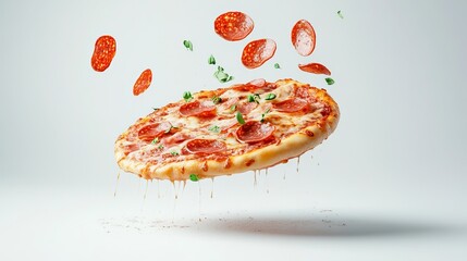 An image of a slice of Italian pepperoni pizza falling against a white background, with the toppings and cheese appearing to hover mid-air.