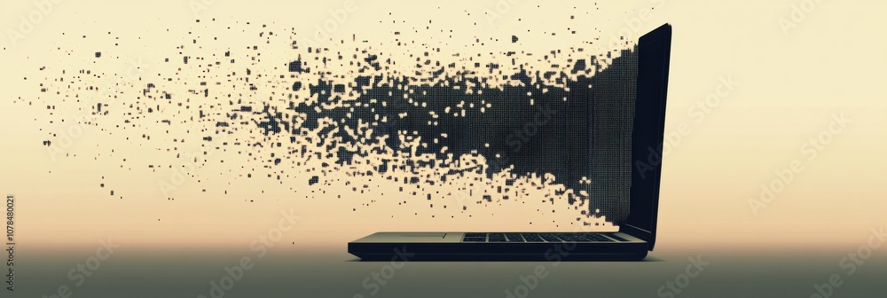 Poster a laptop emits pixel elements, symbolizing the transformation and evolution of technology in a moder
