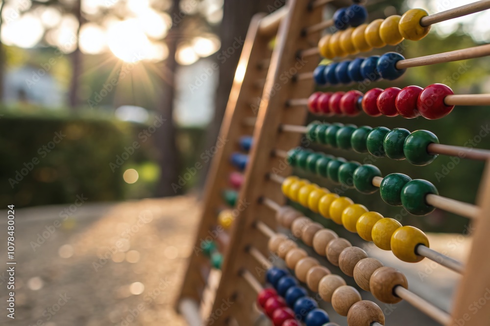 Poster colorful beads on an abacus captured with a bokeh effect, showcasing the beauty of learning and math