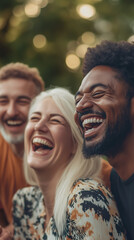 Three friends of different races laugh together.