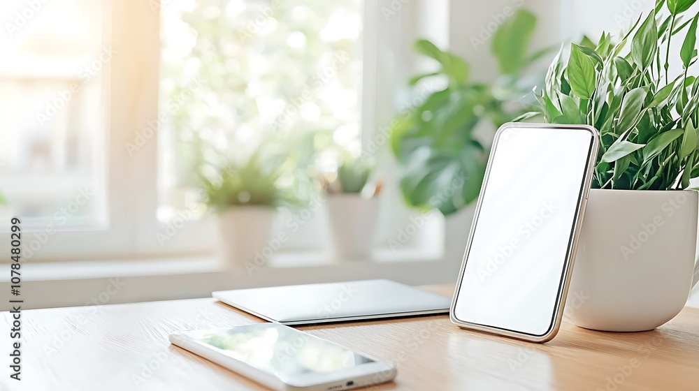 Poster enhance your workspace with a minimalist desk setup featuring modern technology and greenery