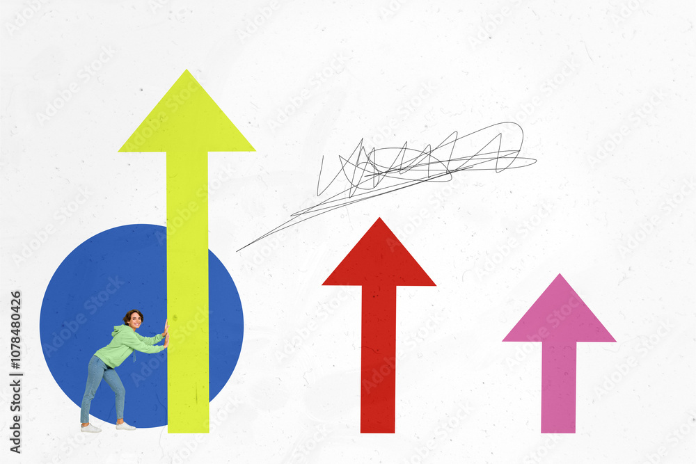 Aufkleber composite photo collage of happy girl push arrow pointer success development growth statistics progr
