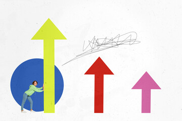Composite photo collage of happy girl push arrow pointer success development growth statistics...