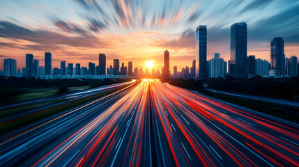 Speed road urban traffic, skyscrapers rush hour sunset, city skyline, cars motion long exposure blur