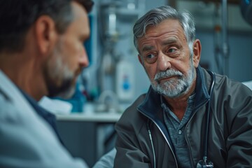 Fototapeta premium A doctor attentively talks to a senior patient in a hospital room, discussing health concerns and care options. The atmosphere is calm and reassuring, reflecting a professional medical environment