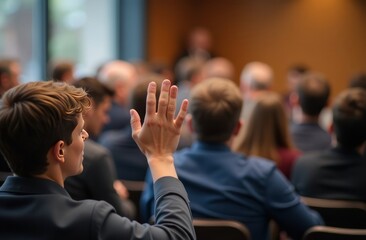 A young man actively participates by raising his hand for a question at a conference event with an attentive audience.