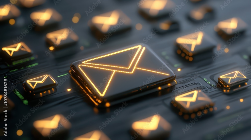Poster integrated circuit with glowing email icon, symbolizing digital connection and secure data transfer 