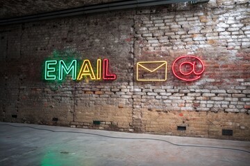 Naklejka premium Colorful Neon Emails Illuminating a Brick Wall, Representing Modern Communication and Digital Connectivity in a Minimalist Style