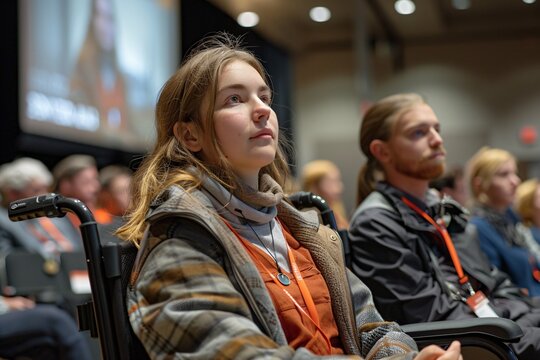 Attendees engage in a conference session, showing a range of expressions while absorbing the presentation content, with some individuals using wheelchairs for mobility