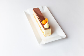 Colorful layered mousse cakes topped with fresh berries, decorative chocolate, standing on white plate isolated on  white background.