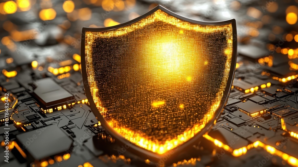 Poster create a high-tech security badge icon featuring a holographic shield for enhanced protection
